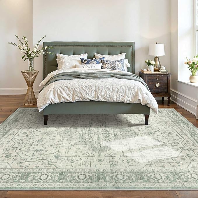 Rugxara 6x9 Washable Area Rug for Living Room, Vintage Large Boho Rugs for Office, Dining Room, Kids Room, Farmhouse, Durable Low Pile Non Slip Carpet for High Traffic Areas, Sage Green
