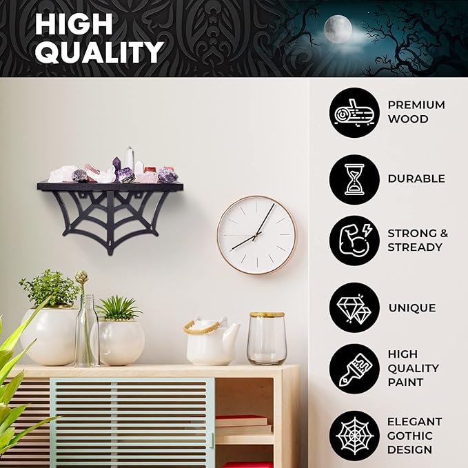 Spider Web Floating Shelf - Gothic Halloween Hanging Shelf with Hooks for Wall Oddities and Curiosities - Black Spooky Goth Wall Decor for Kitchen and Home - Crystal Display Shelf for Stones
