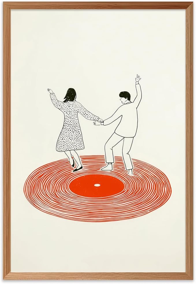 Retro Record Player Poster Vintage Vinyl Records Poster Retro Wall Art Music Dancing Couple Wall Art Print Modern Music Inspired Illustration for Home Bar or Living Room Bedroom,16x14inch Unframed