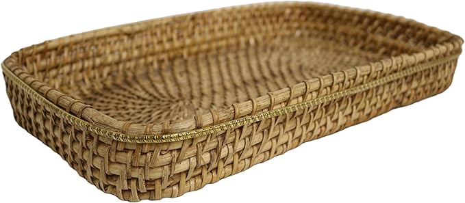 Home&Manor 15" Large Rectangular Brass Bordered Rattan Tray