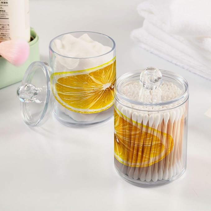 Nander 4Pack Fresh Lemon Slices Qtip Holder Dispenser -Clear Plastic Apothecary Jars Set - Restroom Bathroom Makeup Organizers Containers for Cotton Swab, Ball, Pads, Floss