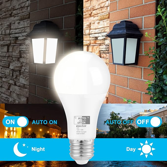 Qualilux Dusk to Dawn Light Bulbs, Auto On/Off Light Sensing LED Bulbs Outdoor, Daylight, A19 4-Pack, 12W 1000LM 75W Equivalent, HQ-H024