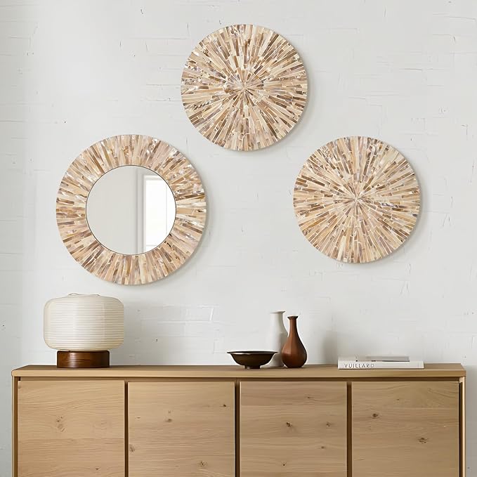 Boho Decorative Mirror for Living Room, 3PCS Handcrafted Mother of Pearl Mirror Wall Decor for Home Dorm Apartment Hallway Staircase, Mosaic Art Plates for Wedding Decoration (Dark Brown)