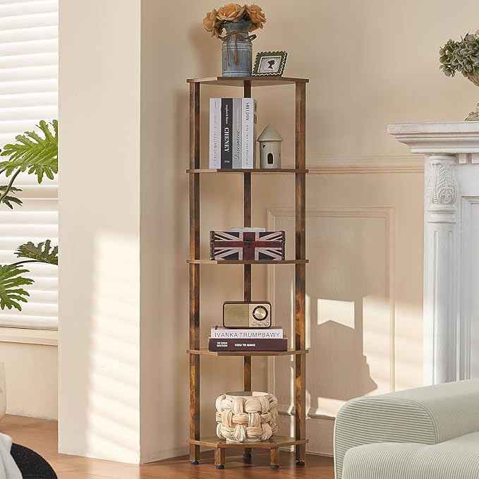 YUFAM 5-Tier Corner Shelf with Sturdy 5-Leg Base, 52in Tall Narrow Bookcase for Small Spaces, Wooden Plant Display Shelf, Thin Bookshelf for Living Room, Bedroom, Office, Brown