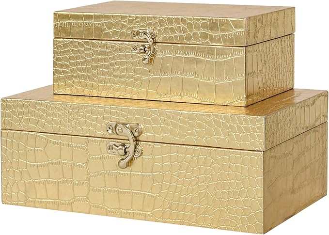 Set of 2 Wooden Decorative Nesting Storage Boxes, Gold Crocodile Leather with Clasp for Home Kitchen Living Room, Ideal Gift for Wedding Memories Jewelry Trinket