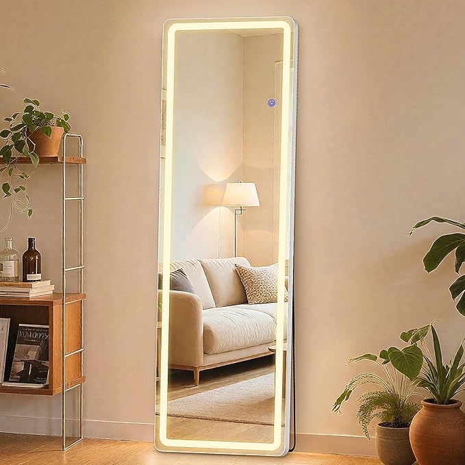 Sweetcrispy Full Length Mirror with LED Lights, 61"x17" Lighted Floor Mirror with Dimming & 3 Color Lighting, Stand for Bedroom, Dressing Room