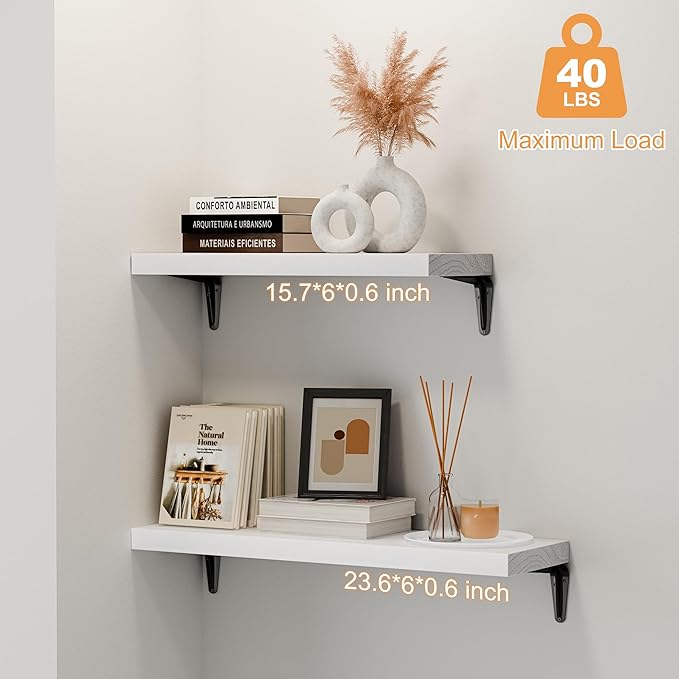 SKYSEN Floating Shelves for Wall Set of 6, 23.6in Wood Wall Shelf for Decor, Bathroom, Bedroom, Storage, Book,Kitchen, Living Room - White(fs-60-w)