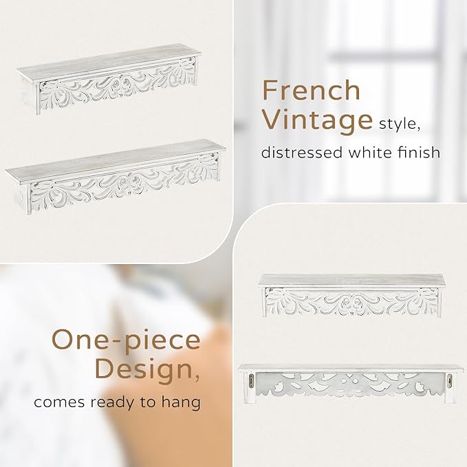 White Wall Shelves French Country Decor - Vintage Floating Shelf Antique Wood Wall Decor Farmhouse Rustic Hanging Shelves for Living Room Bedroom (24"+19")
