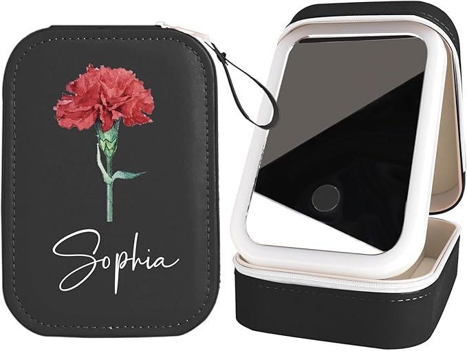 Personalized Birth Flower Travel Jewelry Box with Mirror Custom Name Travel Makeup Case with Led Mirror Small Travel Jewelry Case Organizer with Light Up Mirror for Women Mom