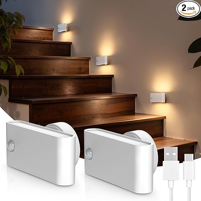 L LOHAS LED Motion Sensor Night Light, Rechargeable Stair Lights Indoor, Portable Warm White Motion Sensor Light Indoor, Battery Operated Night Light for Bedrooms, Stairway & Bathrooms[2 Pack]