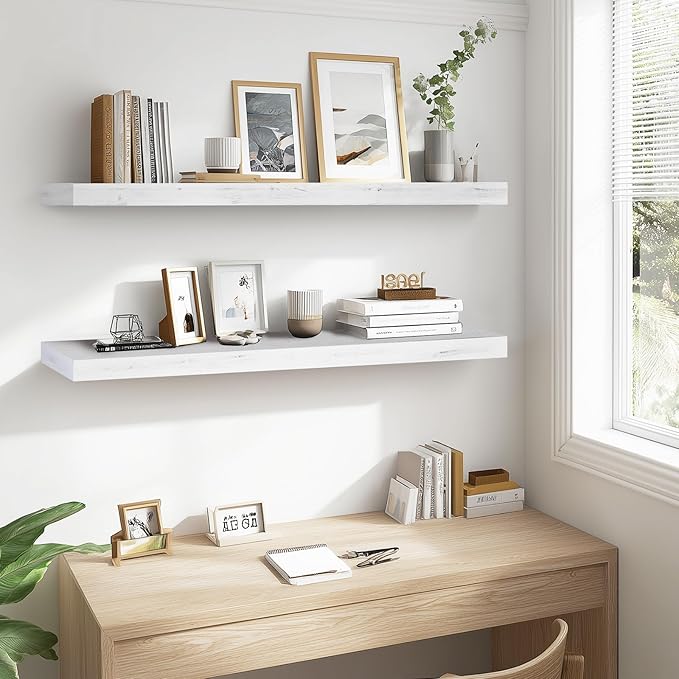 48x6.8x2in Floating Shelf – Natural White Solid Wood Rustic Mounted Shelf – Heavy Duty Decorative Storage for Living Room, Kitchen, Bathroom, Bedroom