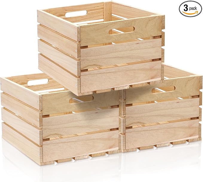 3 PCS Extra Large Wood Crates Box for Storage 16 x 12 x 9.5 Inches Unassembled Natural Wooden Crates with Handle Decorative Nesting Container for Display Rustic DIY Home Laundry (Wood Color)