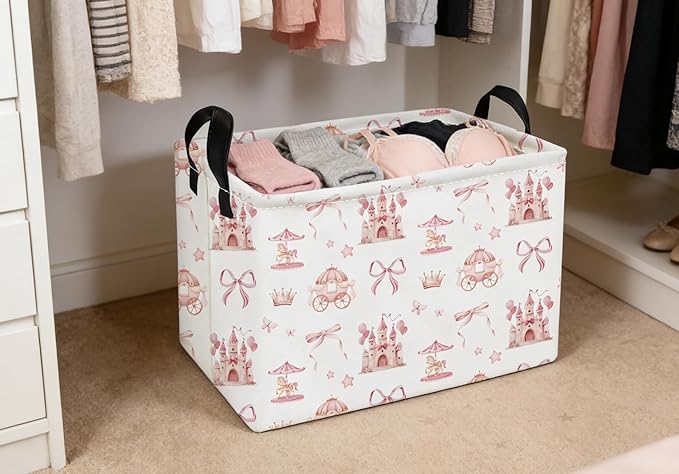 Essme Rectangular Pink Baskets,Girls Storage Box,Cute Basket for Kids with Handles for Room Decor, Book Bins,Shelf Basket.(Castle)