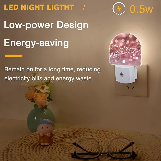 Night Lights Plug into Wall Rose Pink Glitter Night Light Dusk to Dawn Smart Sensor Decorative Round Led Lamp for Bedroom Kitchen Hallway Nightlight for Women Men