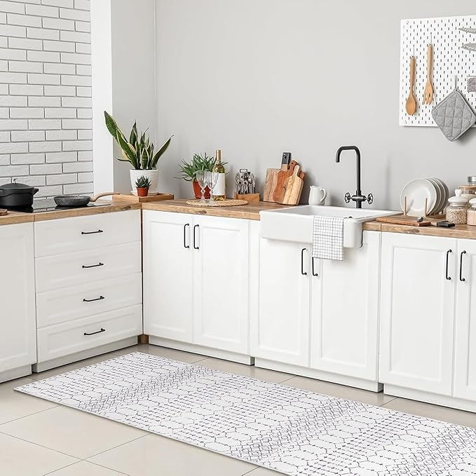 Lahome Moroccan Small Runner Rug 2x5 Rug Runner Non-Slip Washable Rug Runner Throw Lightweight Hallway Rugs Indoor Laundry Room, Geometric Print Carpet Runners for Bedroom Kitchen Hana (White, 2'x5')