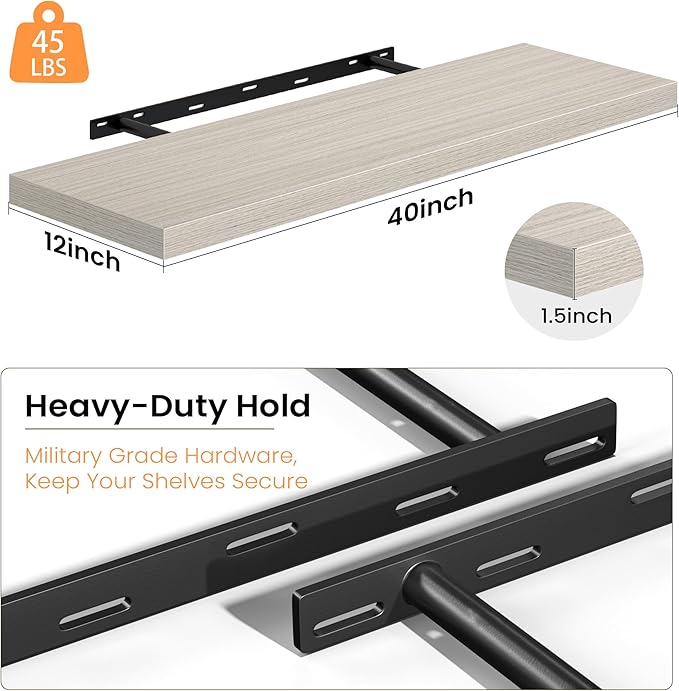 40 Inch Floating Shelves, 12 Inch Deep Wall Shelves, 40 x 12 Floating Shelf Set of 2, Rustic Gray Wood Floating Shelf Wall Mounted, Large Kitchen Living Room Bedroom Bathroom Storage Shelves