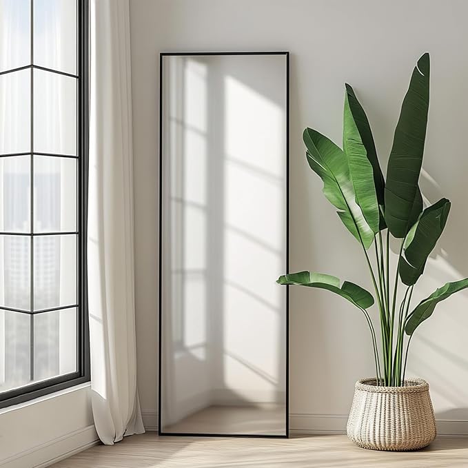 Sunniry Mirror Full Length, Floor Mirror Full Length with Aluminum Metal Frame, Body Mirrors for Bedroom, Living Room, Dressing Room, Baber Shop, Home Décor. (56x18 inch, Black)