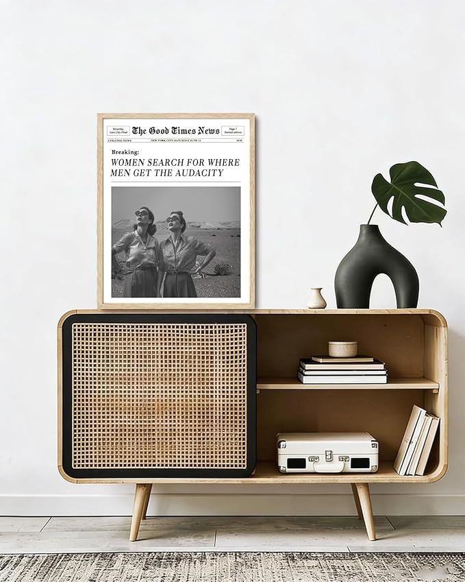 Bwodke OAK Wood Framed Wall Art These Are the Good Old Days Canvas Art Vintage Newspaper Pictures Wall Decor Trendy Prints Retro Artwork for Girly Dorm Bedroom 16"x20"