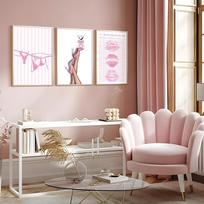 Pink Coquette Wall Art Decor Trendy Aesthetic Posters Preppy Funky Y2k Canvas Wall Art Decor Bow Girly Room Pictures Coquette Bikini Lips Prints Pink Artwork for Dorm Bedroom 16x24x3 Inch Unframed