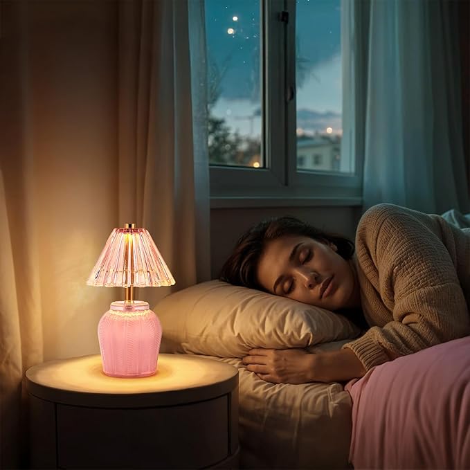 Small Battery Operated Lamp with Timer, Tiny Cordless Glass Table Lamp for Home Decor, Kitchen, Bathroom, Birthday Gift for Women, Cream Pink