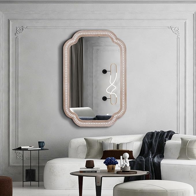 36x24 Inch Wooden Wall Mirror Decorative with Aesthetic Scalloped Edge Design, Rustic Farmhouse Mirrors for Bathroom Over Sink, Living Room, Bedroom, Entryway (Vertical/Horizontal)