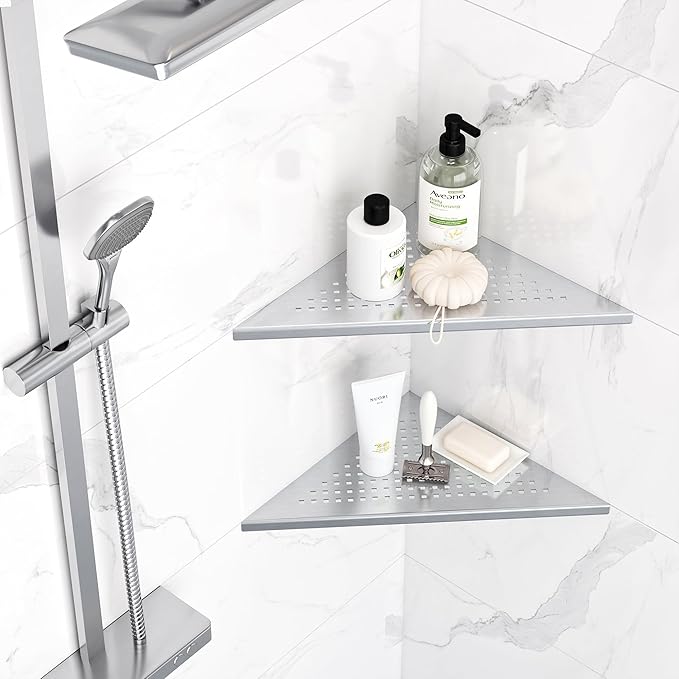 Neodrain 10 Inch Brushed Shower Shelves Corner Shelf for Tile Wall,304 Stainless Steel Corner Shower Shelves for Bathroom, Floating Corner Shelves for Shower Wall, No Drilling(Set of 2