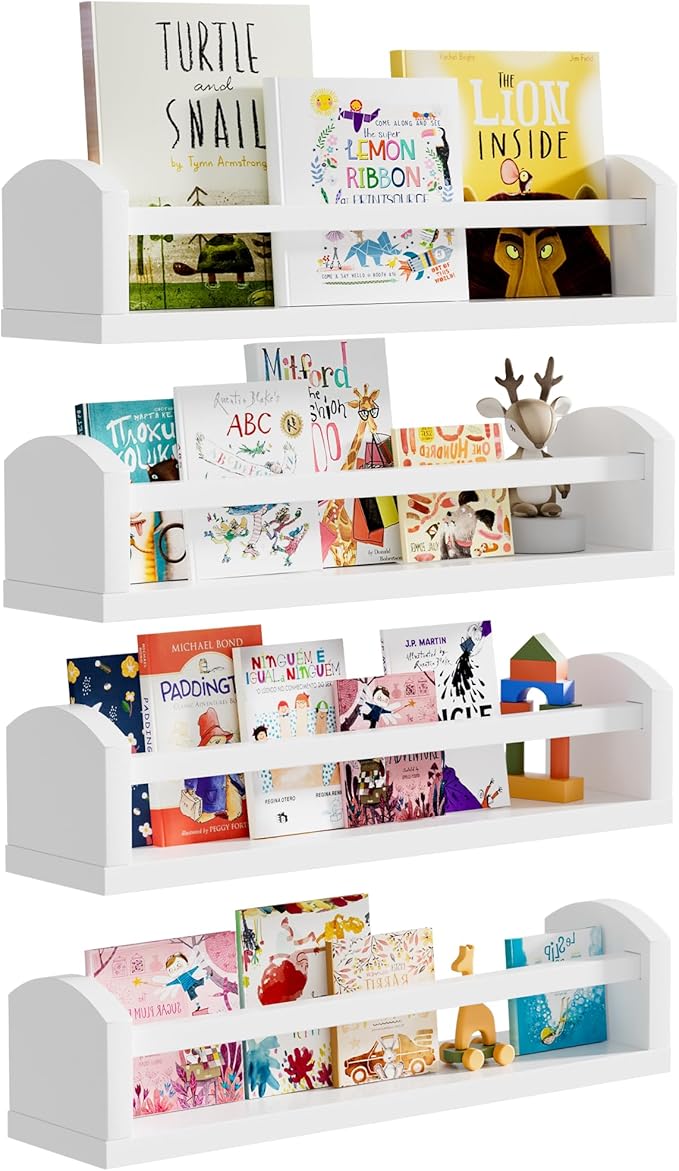Nursery Book Shelves, 4 Pcs White Floating Shelves for Wall, 16.5 inch Solid Wood Scalloped Shelves, Wall Mounted Bookshelf for Toddler Room, Baby Room, Nursery Decor