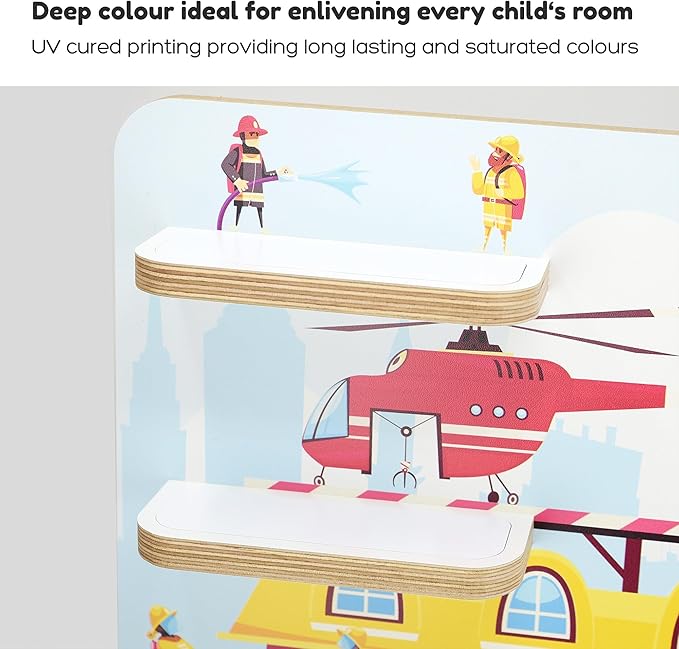 stadtecken Wooden Shelf for Music Box I Suitable for The Toniebox and ca. 35 Tonies I Perfect Storage in The Children's Room I for Setting up or Hanging (Medium, Fire Fighters)