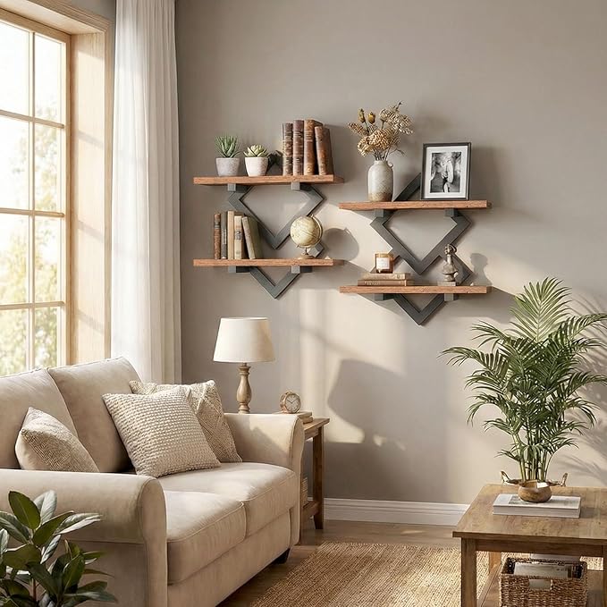 HOOBRO 15" Floating Shelves for Wall, Set of 2 Wall shelf, 2-Tier Hanging Shelves, Wall Mounted Storage Shelf, Display Rack, for Living Room Bedroom Kitchen Bathroom, Rustic Brown and Black BF14BJP201