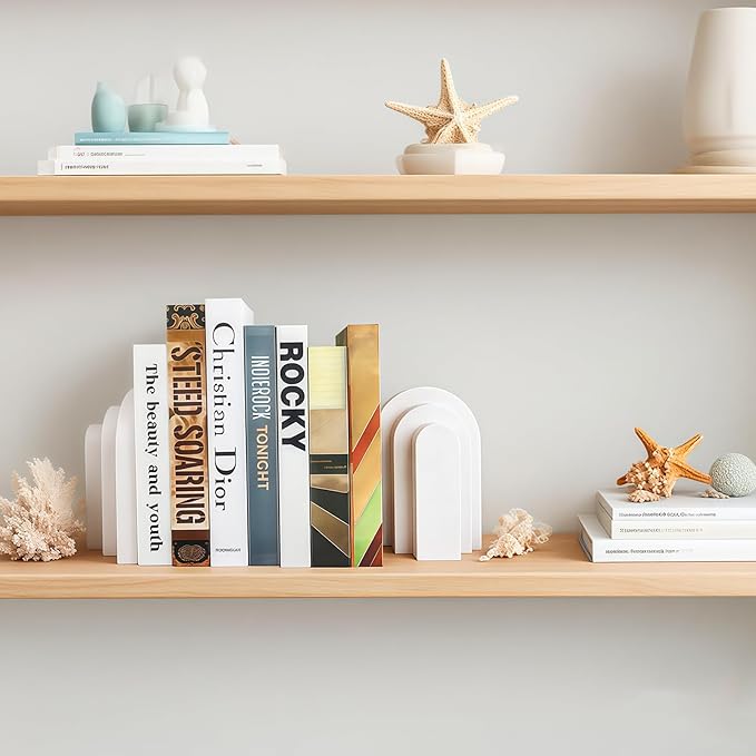 Book Ends, Bookend, Decorative Book Stopper for Shelves, Heavy Bookends for Shelves, Book Stopper for Heavy Books, Organizer for Home Office School, Aesthetic Pleasing Layered Arch Design (White)