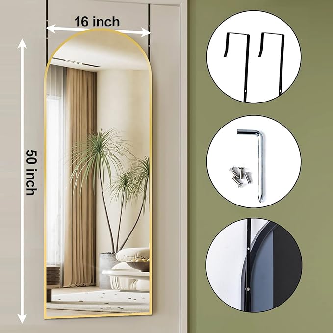 DMWOODFL Arched Over The Door Mirror 50x16 Full Length Hanging Mirror with Adjustable Height, Space-Saving, Shatterproof Tempered Glass & Aluminum Alloy Frame for Bedroom, Dorm, Entryway, Gold