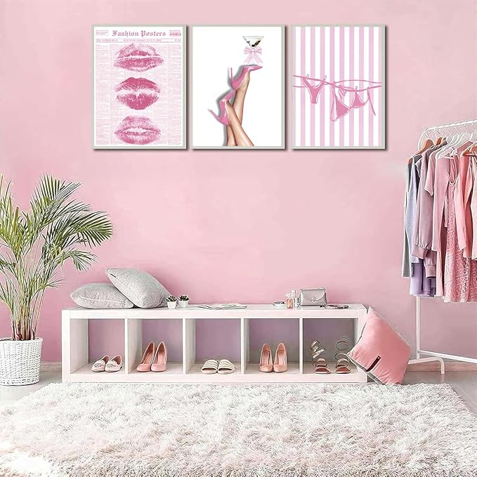 3Pcs Trendy Coquette Wall Art Pink Lips Bikini & Bow Heels Wall Decor Pictures Vintage Martini Newspapaer Canvas Posters Prints for Y2K Girly Room Dorm Apartment Preppy Aesthetic Decor 16x24in