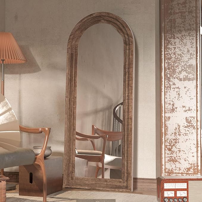 CASSILANDO Arched Full Length Mirror with Solid Wood Frame 65x24 Inch Wall Mounted Floor Mirror, Vertical Hanging Leaning Standing Mirror for Living Room, Bedroom, Entryway, Brown
