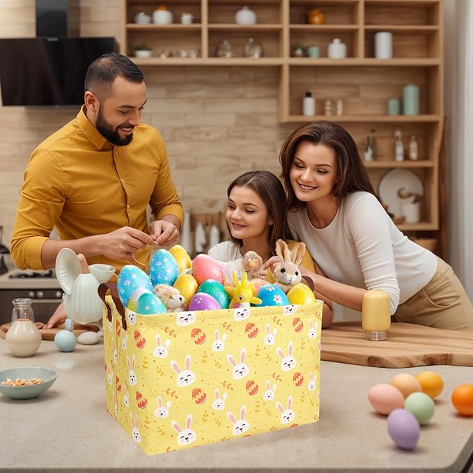 Large Rectangular Cute Kid Easter Basket Empty Bunny Eggs Easter Basket Gift Spring Room Storage Organizer Décor (Rabbit Egg Yellow Background)