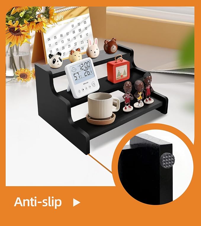 Wooden Cologne Organizer for Men, Perfume Organizer Stand, Cologne Stand with Anti-Slip Washers, Wooden Display Risers Stand for Figures, Fragrances, Dessert, Cupcake, Makeup (Black, 3-tier-9.4in)