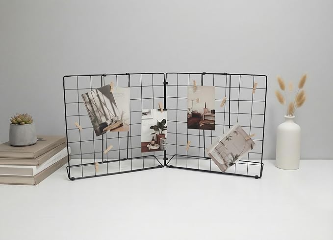 Foldable Double-sided Desktop Photo Display Rack & Grid Display Board With 20 Wooden Clips – Photo & Accessory Organizer For Home Office Black