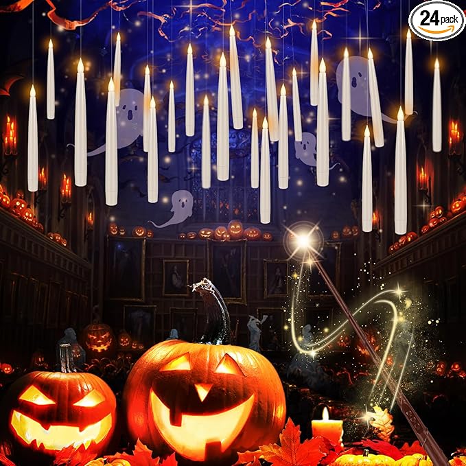 24 Pcs Halloween LED Magic Hanging Floating Candles, Taper Flickering Flameless with 2 Magic Wands - Candle Set for Halloween, Christmas, Weddings, Birthdays & Fantasy Ambiance...