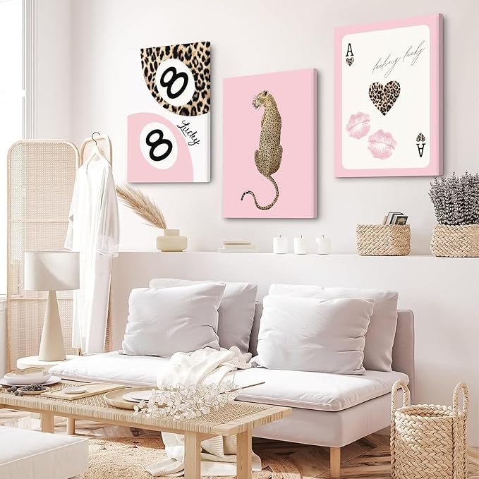 Cheetah Trendy Wall Art Preppy Leopard Canvas Print Cheetah Room Wall Decor 8 Ball Poster Y2k Pink Coquette Luxury Print Lucky Aesthetic Fashion Pictures for Bedroom 16x24x3 Inch Wrapped Canvas