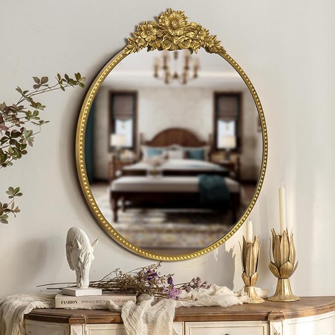 Vintage Round Mirror, 28" Baroque Style Circular Mirror, Antique Metal Frame Wall Mirror, Traditional Art Home Decor for Dressing Table, Bathroom or Bedroom,Retro Gold