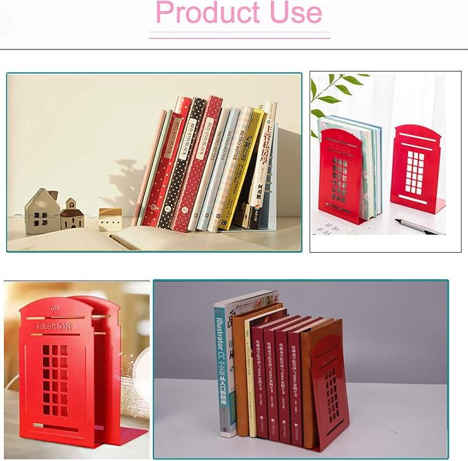 MerryNine 2pcs Book Ends, Metal Bookends for Shelves, Telephone Booth Decorative Bookends, Non Skid Heavy Bookends, Book, Magazine or CD Organizers for Home and Office (Red-2pcs)