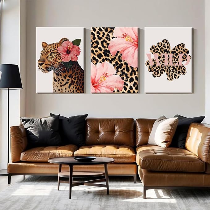 Trendy Leopard Wall Art Pink Cheetah Print Room Decor Leopard Flower Canvas Wall Decor Cheetah Aesthetic Poster Girly Pink Preppy Picture Funky Y2k Artwork for Girl Bedroom 16x24x3 Inch Wrapped Canvas