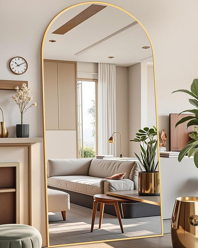DMWOODFL 77x38 Inch Gold Arched Full Length Mirror - Freestanding Floor Mirror with Stand, Shatterproof Glass & Anti-Tip Base for Large Living Room, Bedroom, Entryway