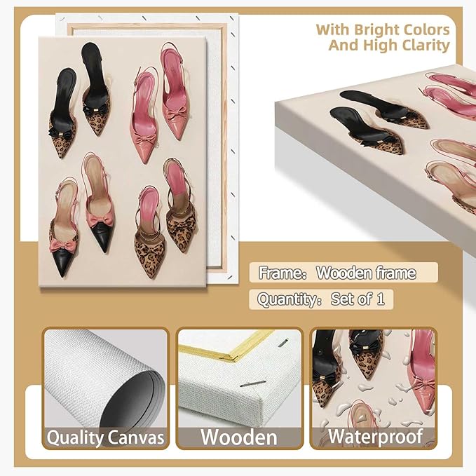 Pink Heel Leopard Posters Trendy Bow Leopard Heels Canvas Wall Art Coquettish Preppy Girly Decor Pink Sexy Aesthetic Prints Painting For Dormitory Bedroom Apartment 16x24in Wrapped Canvas