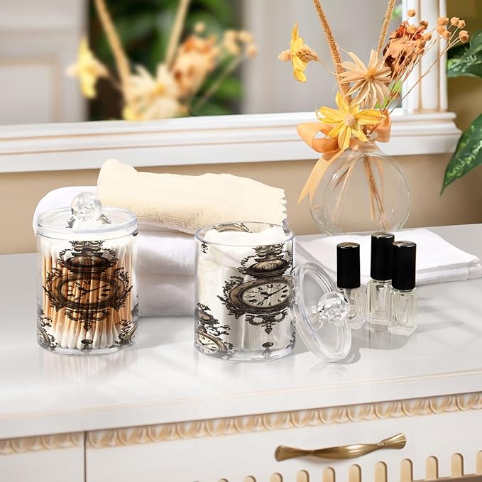 Nander 2Pack Clock Qtip Holder Dispenser -Clear Plastic Apothecary Jars Set - Restroom Bathroom Makeup Organizers Containers for Cotton Swab, Ball, Pads, Floss