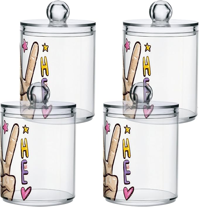 2 Pack Apothecary Jars Peace Love Yard Bathroom Vanity Storage Organizer Set,Small Clear Plastic Storage Jars Bathroom Canister for Cotton Swabs, Rounds, Balls, Qtips,Makeup Sponges, Flossers,B