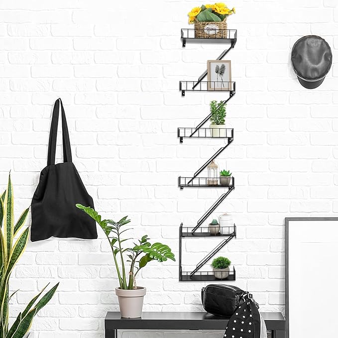 Zonon Fire Escape Wall Shelf Hanging Metal Ladder Shelves Wall Decor Cool Bookshelf Organizer Floating Shelves Action Figure Shelf for Home Bedroom Storage Display(Black,6 Tier)