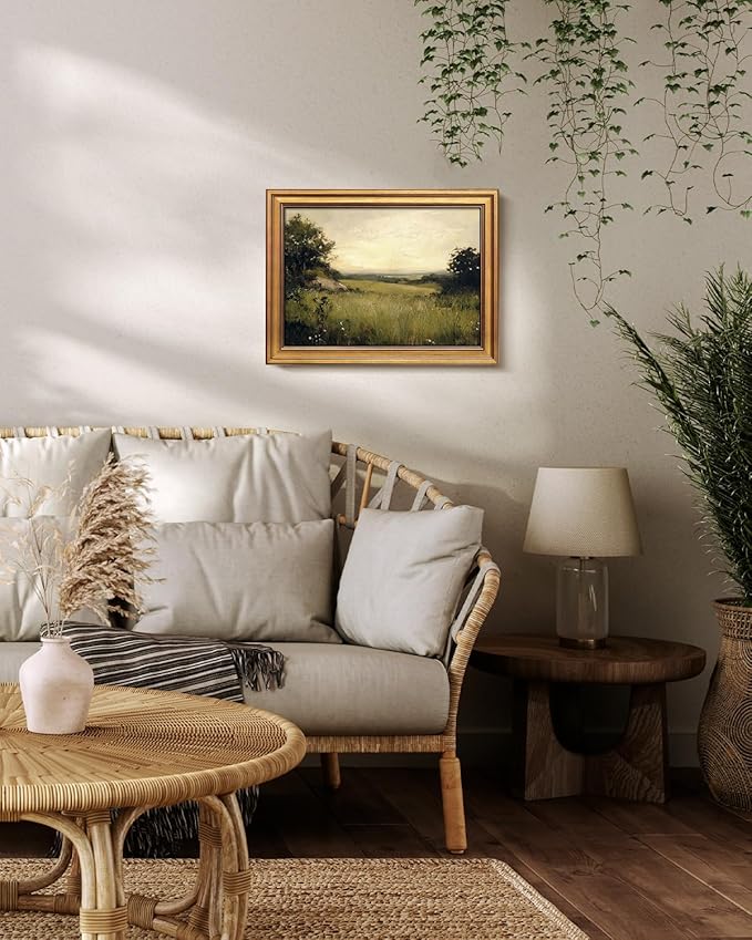 Bzstyleart Vintage Wall Art Decor for Living Room, Gold Framed Canvas Wall Art Home Decor Aesthetic, Grassland Vintage Landscape Prints, Canvas Picture Print Artwork, 12 x 16 Inch