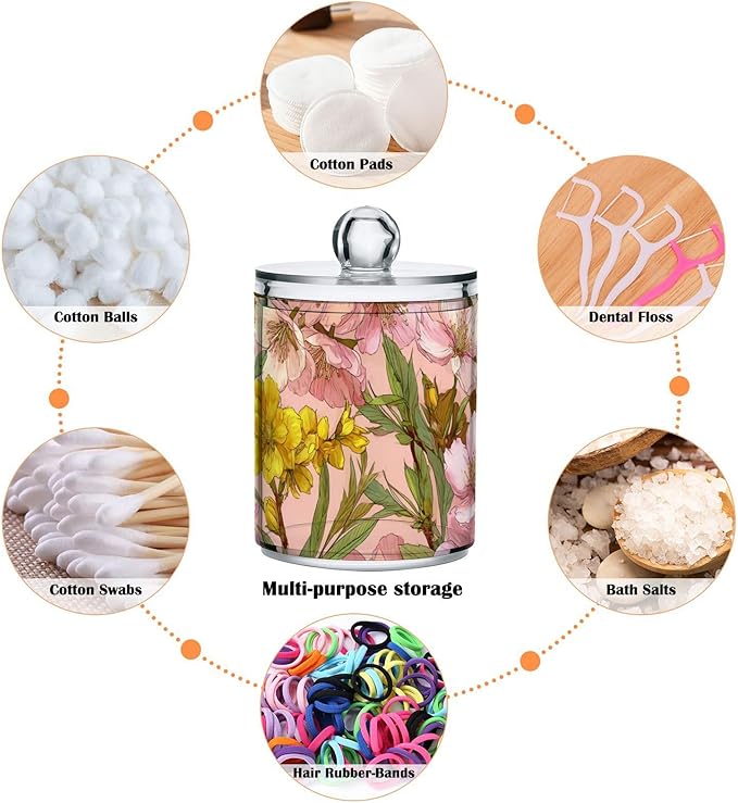2 Pack Apothecary Jars Elegant Pink Yellow Floral Bathroom Vanity Storage Organizer Set,Small Clear Plastic Storage Jars Bathroom Canister for Cotton Swabs, Rounds, Balls, Qtips,Makeup Sponges,