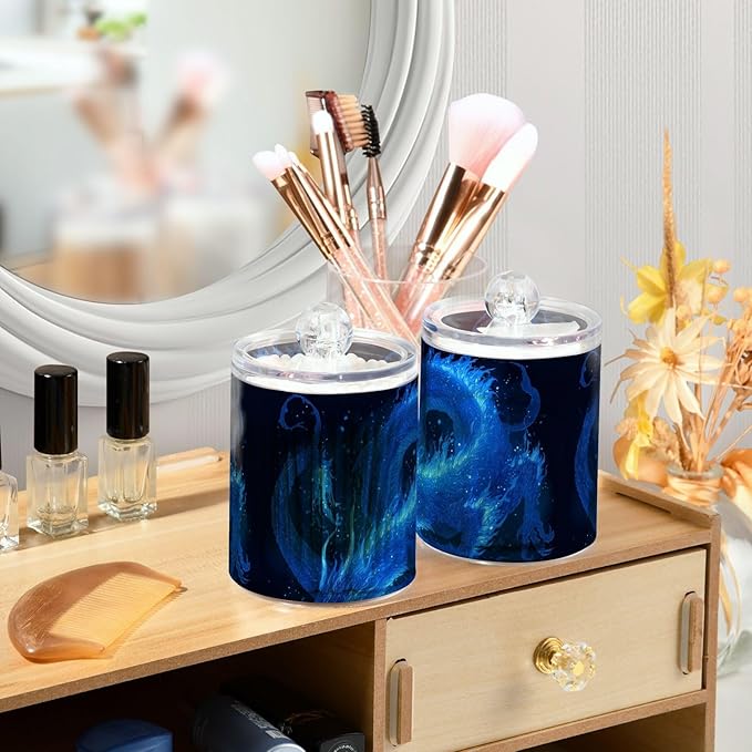 2 Pack Apothecary Jars Dark Blue Fire Dragon Bathroom Vanity Storage Organizer Set,Small Clear Plastic Storage Jars Bathroom Canister for Cotton Swabs, Rounds, Balls, Qtips,Makeup Sponges, Flos