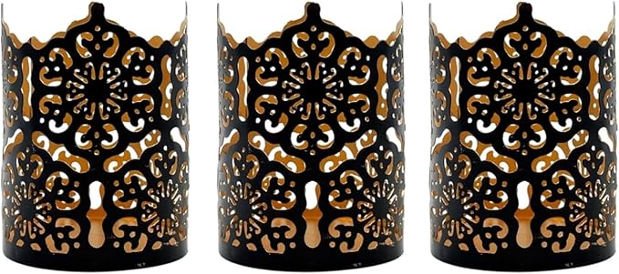 Hosley Set of 3 Black Metal Candle Holders 4 Inch High - Lattice Cut Lanterns for Table Centerpiece, Wedding, Home Decor, Indoor Outdoor